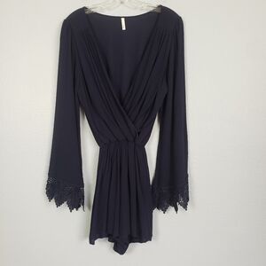 SAGE Faux Wrap Chrochet Long Sleeve Romper Navy Sz S Whimsigoth Stevie Nicks